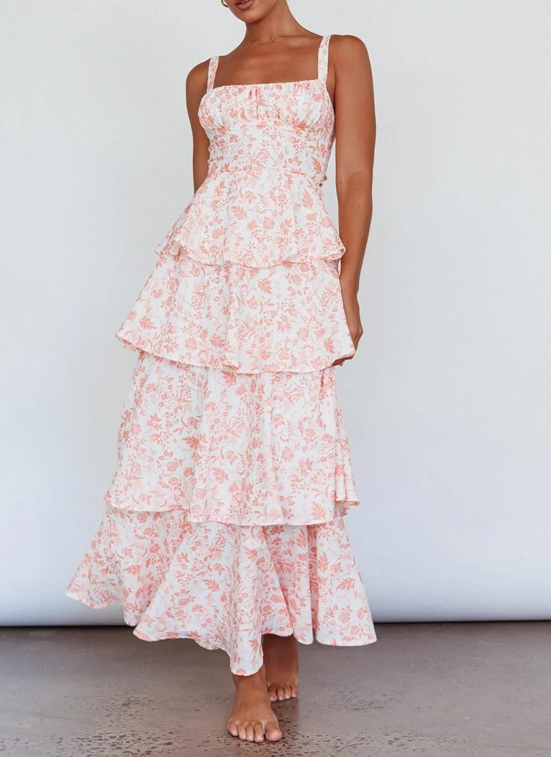 Argeousgor Womens Floral Print Maxi Dresses Tiered Ruffles Long Dress Spaghetti Strap Sleeveless Flowy Layered Sundress
