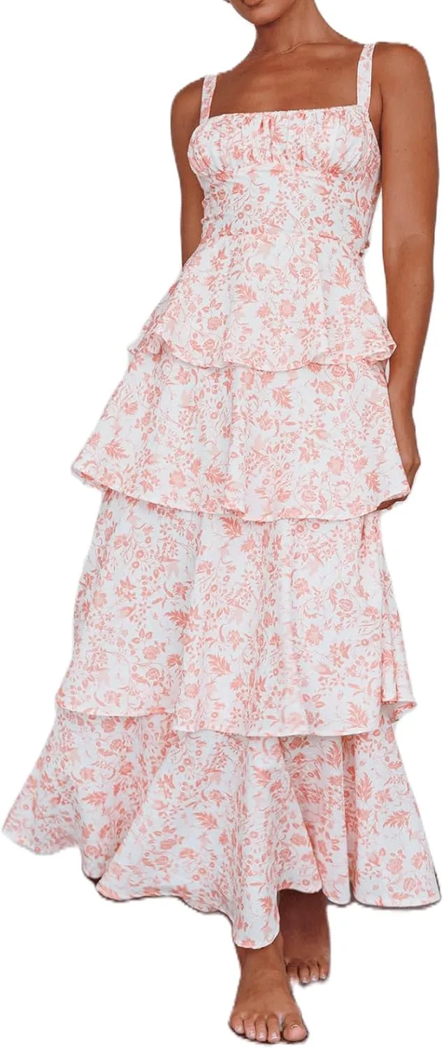 Argeousgor Womens Floral Print Maxi Dresses Tiered Ruffles Long Dress Spaghetti Strap Sleeveless Flowy Layered Sundress