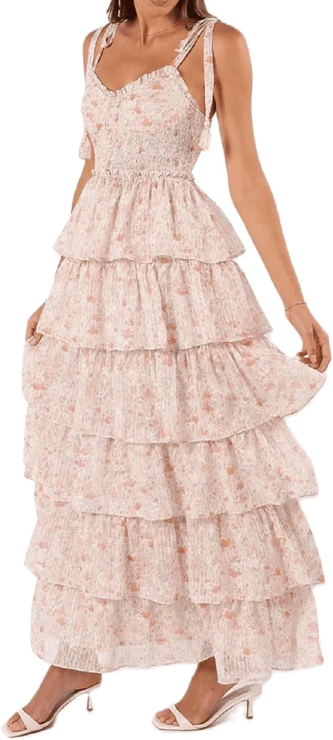Argeousgor Womens Floral Print Maxi Dresses Tiered Ruffles Long Dress Spaghetti Strap Sleeveless Flowy Layered Sundress