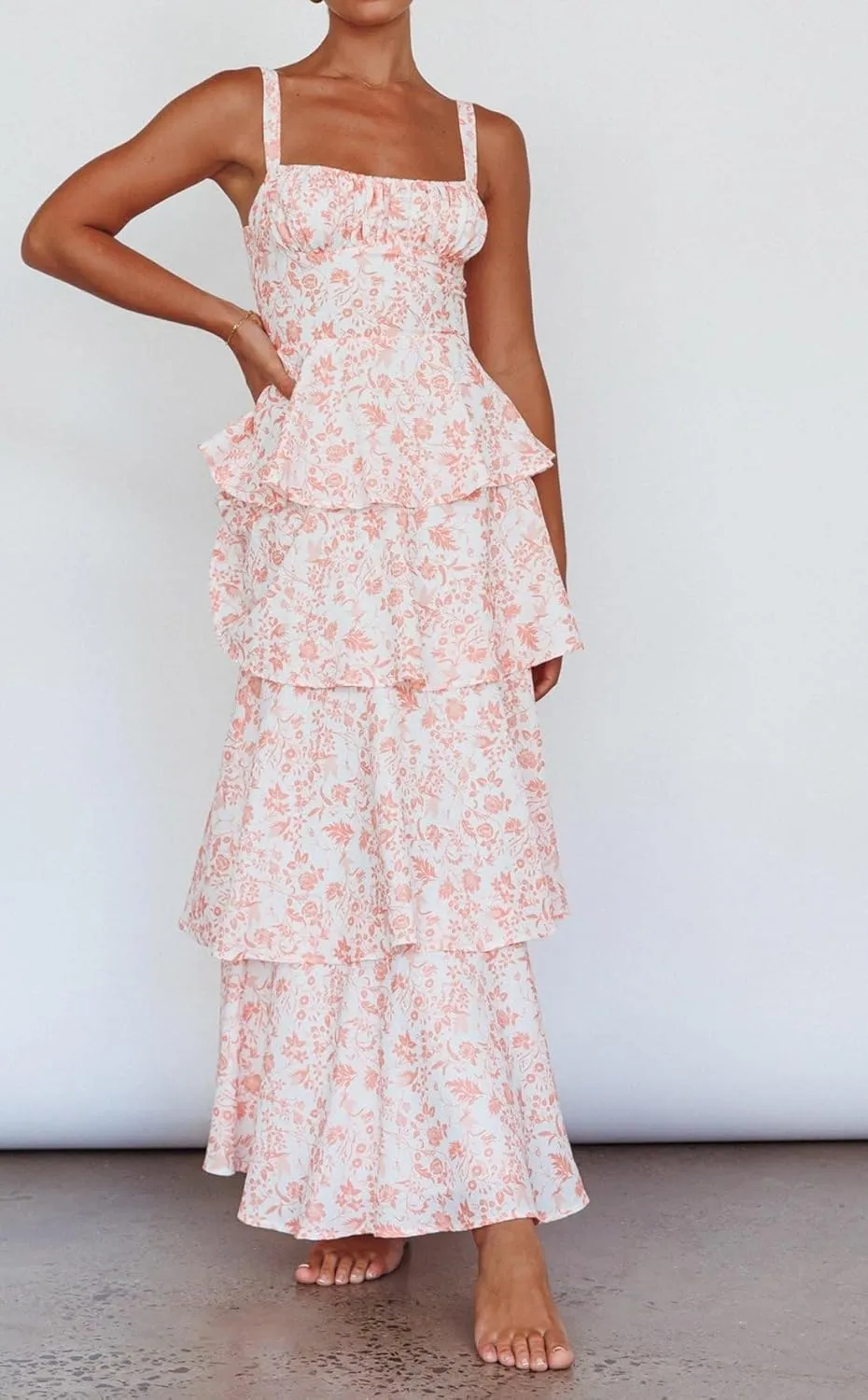 Argeousgor Womens Floral Print Maxi Dresses Tiered Ruffles Long Dress Spaghetti Strap Sleeveless Flowy Layered Sundress