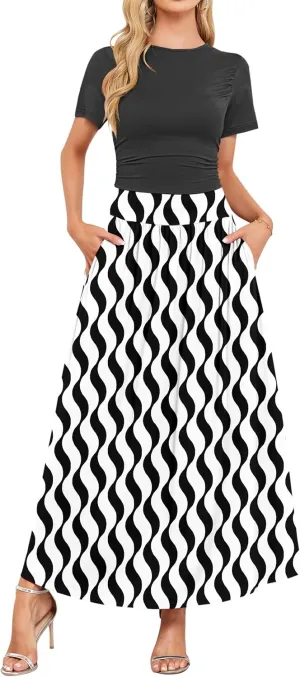 AUSELILY Women's Maxi Dress 2025 Summer Short Sleeve Crewneck Ruffled Flowy Swing Long Dresses,Casual Party or Evening Wear