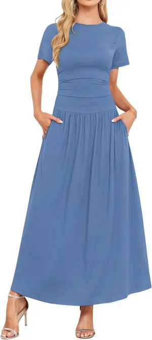 AUSELILY Women's Maxi Dress 2025 Summer Short Sleeve Crewneck Ruffled Flowy Swing Long Dresses,Casual Party or Evening Wear