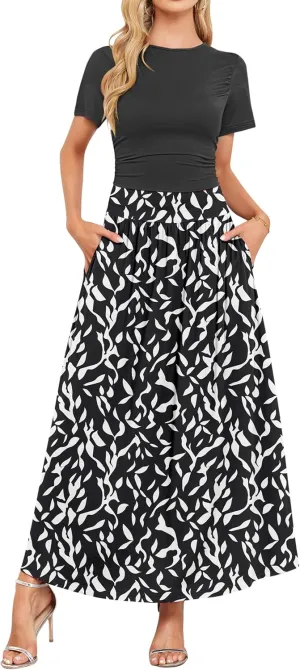 AUSELILY Women's Maxi Dress 2025 Summer Short Sleeve Crewneck Ruffled Flowy Swing Long Dresses,Casual Party or Evening Wear
