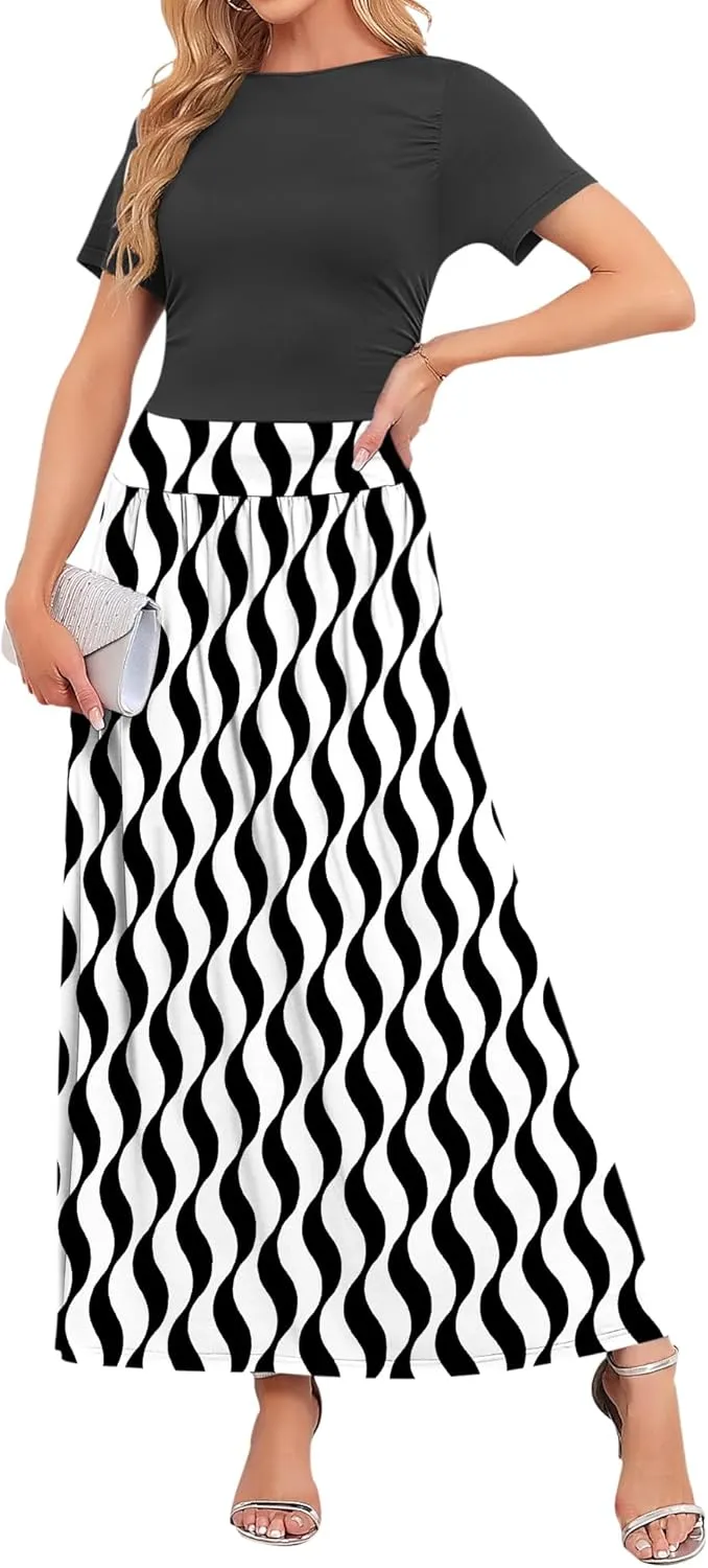 AUSELILY Women's Maxi Dress 2025 Summer Short Sleeve Crewneck Ruffled Flowy Swing Long Dresses,Casual Party or Evening Wear