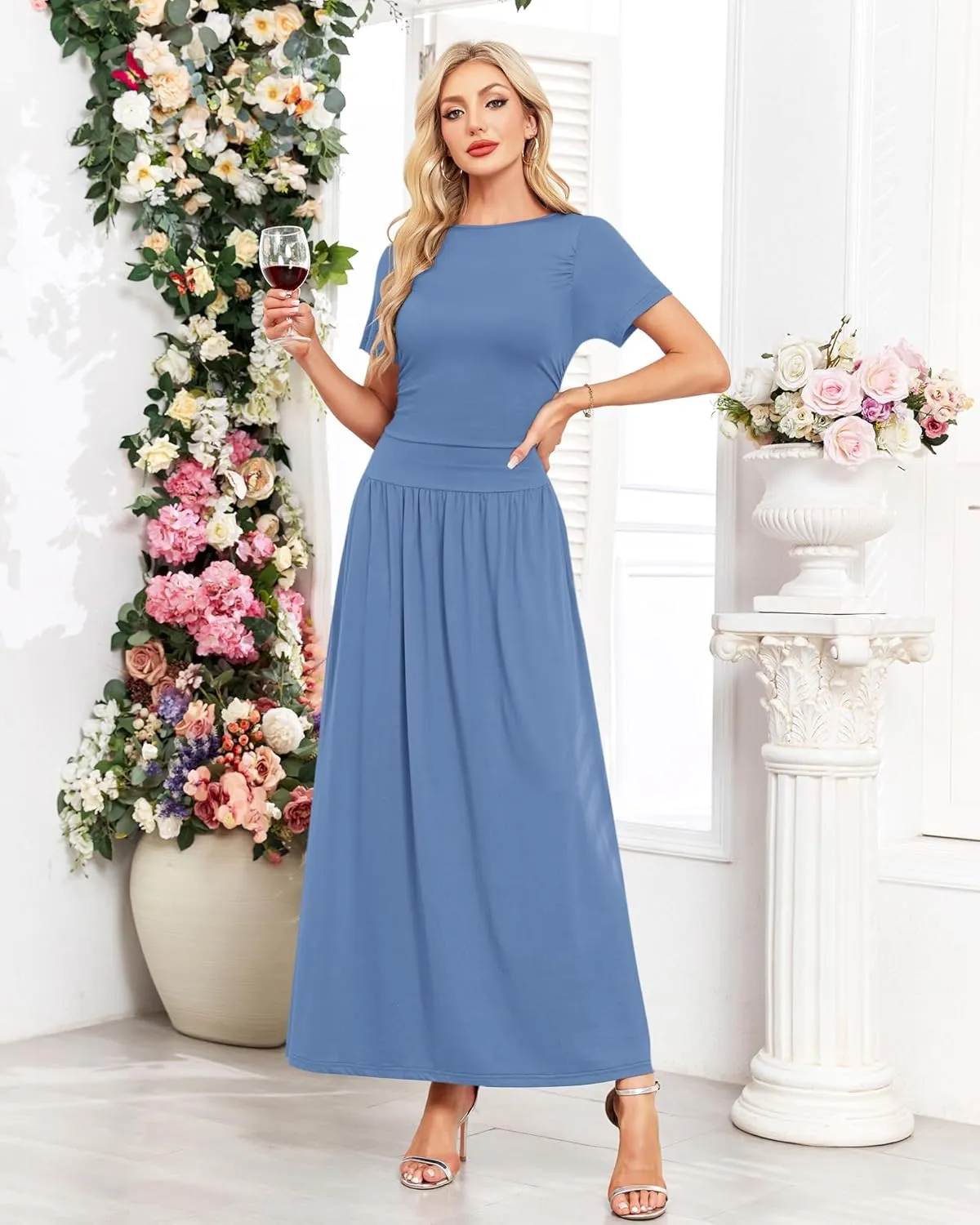AUSELILY Women's Maxi Dress 2025 Summer Short Sleeve Crewneck Ruffled Flowy Swing Long Dresses,Casual Party or Evening Wear