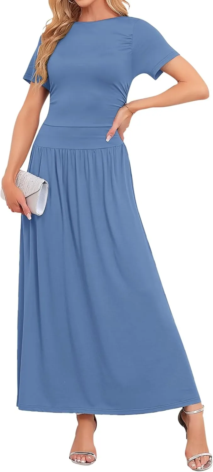 AUSELILY Women's Maxi Dress 2025 Summer Short Sleeve Crewneck Ruffled Flowy Swing Long Dresses,Casual Party or Evening Wear
