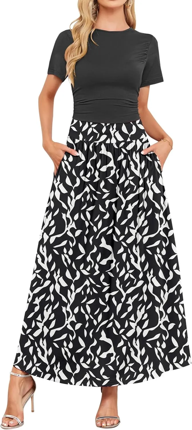 AUSELILY Women's Maxi Dress 2025 Summer Short Sleeve Crewneck Ruffled Flowy Swing Long Dresses,Casual Party or Evening Wear