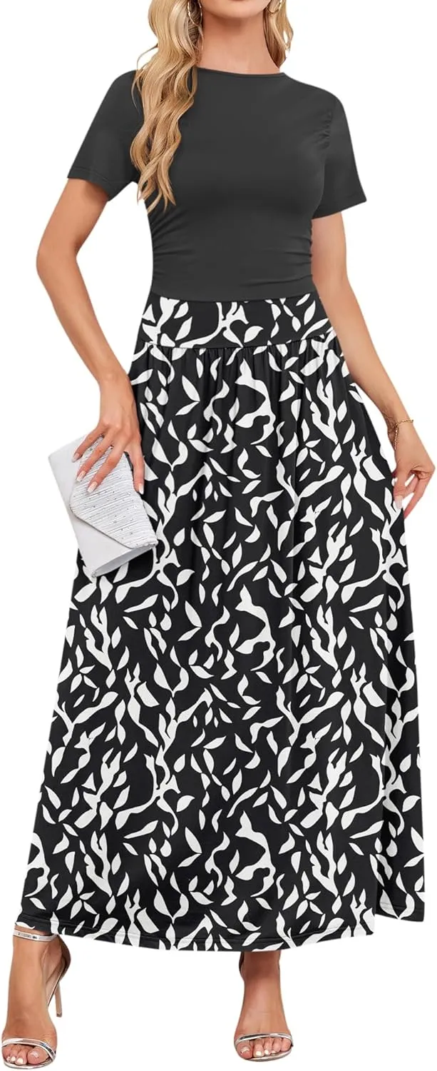 AUSELILY Women's Maxi Dress 2025 Summer Short Sleeve Crewneck Ruffled Flowy Swing Long Dresses,Casual Party or Evening Wear