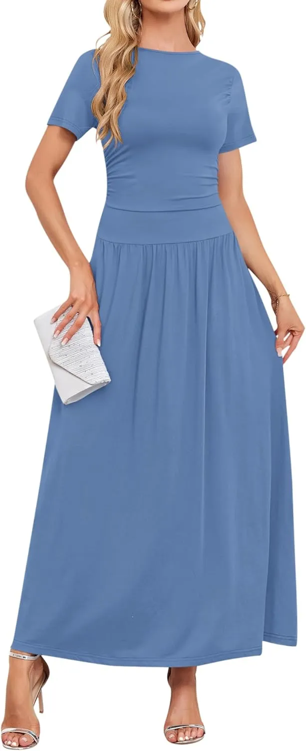 AUSELILY Women's Maxi Dress 2025 Summer Short Sleeve Crewneck Ruffled Flowy Swing Long Dresses,Casual Party or Evening Wear