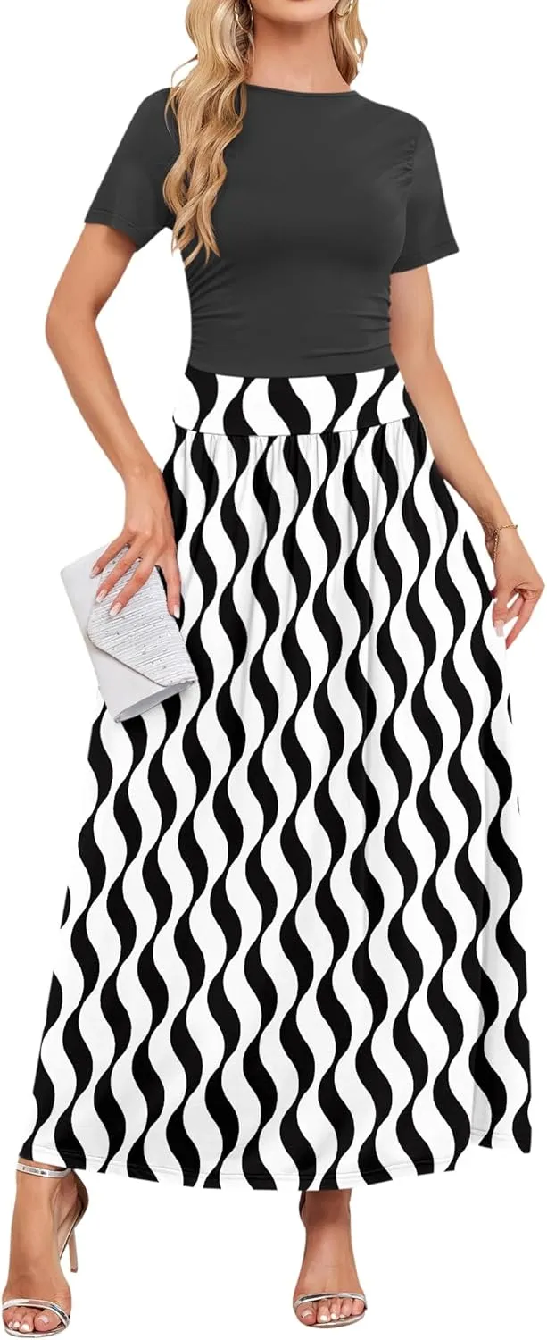 AUSELILY Women's Maxi Dress 2025 Summer Short Sleeve Crewneck Ruffled Flowy Swing Long Dresses,Casual Party or Evening Wear