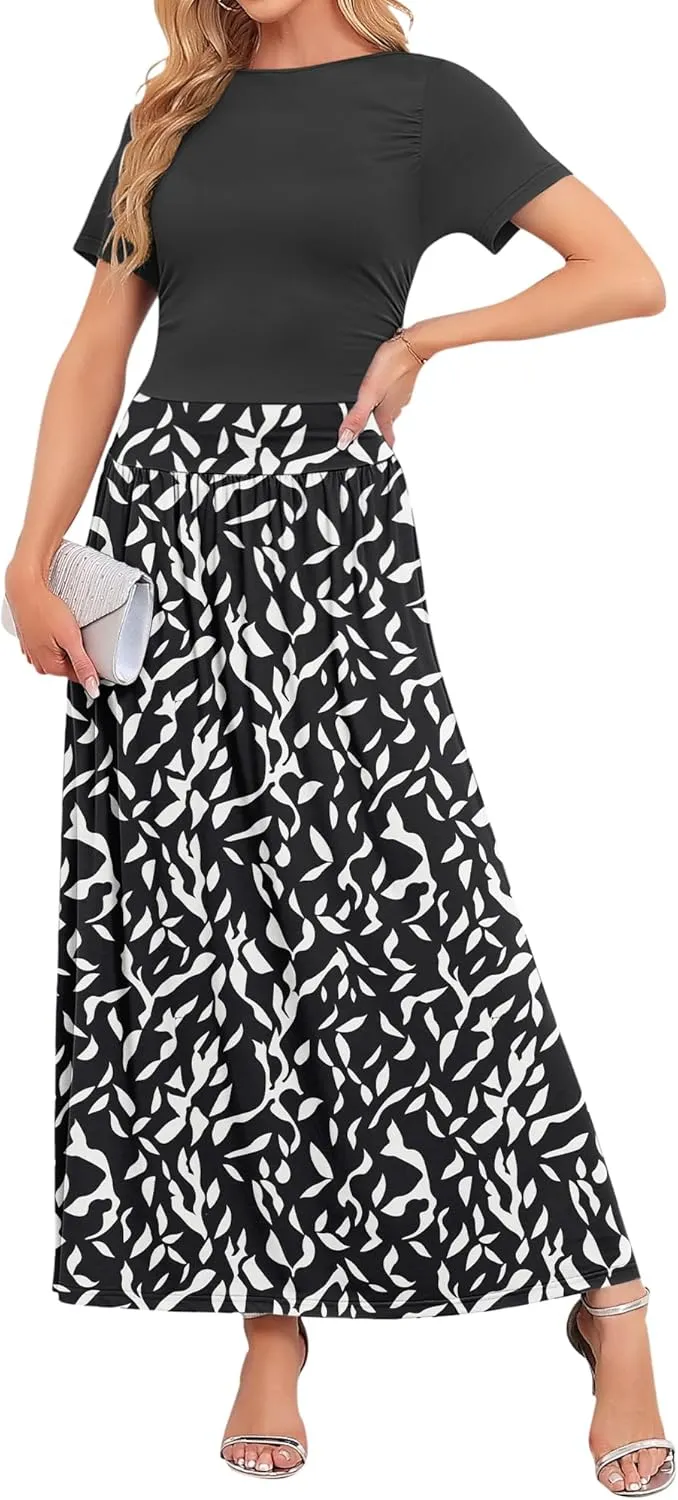 AUSELILY Women's Maxi Dress 2025 Summer Short Sleeve Crewneck Ruffled Flowy Swing Long Dresses,Casual Party or Evening Wear