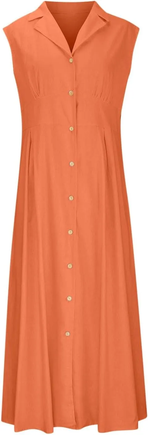 BAXLIMEK Linen Dresses for Women 2025,Summer Trendy Sleeveless Lapel Button Down Dress Flowy Ruched Work Office Maxi Dress