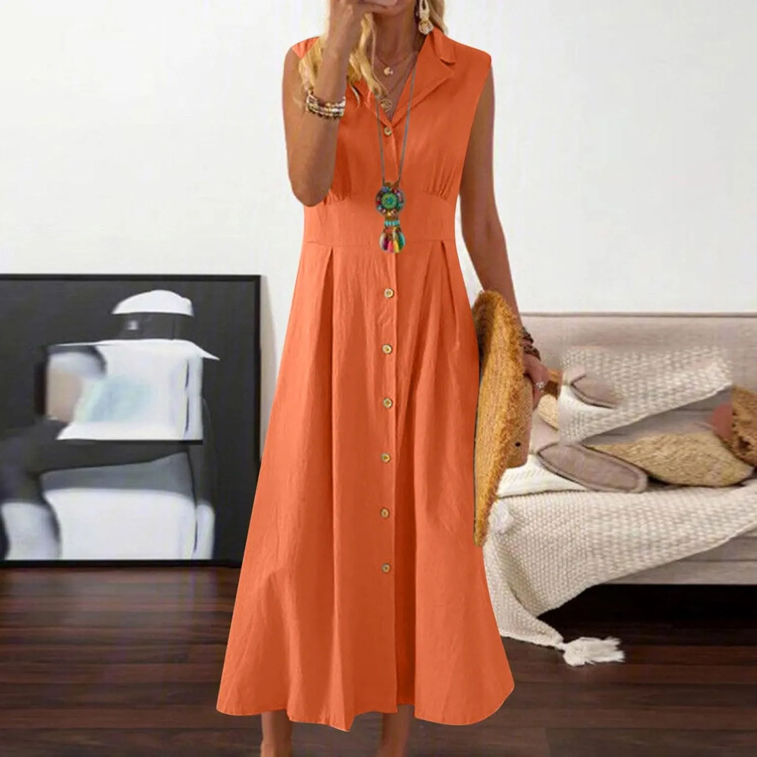BAXLIMEK Linen Dresses for Women 2025,Summer Trendy Sleeveless Lapel Button Down Dress Flowy Ruched Work Office Maxi Dress