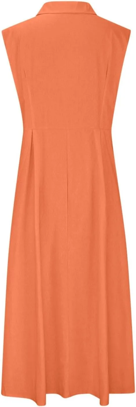 BAXLIMEK Linen Dresses for Women 2025,Summer Trendy Sleeveless Lapel Button Down Dress Flowy Ruched Work Office Maxi Dress