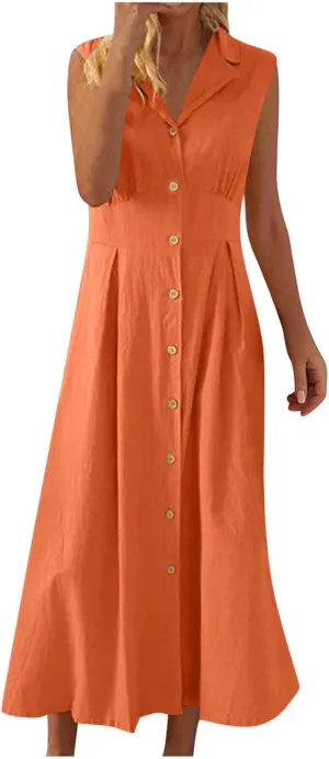 BAXLIMEK Linen Dresses for Women 2025,Summer Trendy Sleeveless Lapel Button Down Dress Flowy Ruched Work Office Maxi Dress