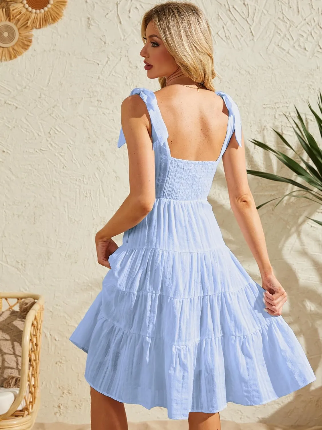 Beautiful Nomad Women's Summer Dress Boho Spaghetti Tie Straps Square Neck Flowy Ruffle Sundress Dresses with Pockets