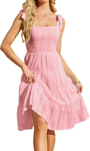 Beautiful Nomad Women's Summer Dress Boho Spaghetti Tie Straps Square Neck Flowy Ruffle Sundress Dresses with Pockets