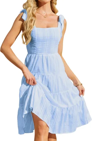 Beautiful Nomad Women's Summer Dress Boho Spaghetti Tie Straps Square Neck Flowy Ruffle Sundress Dresses with Pockets