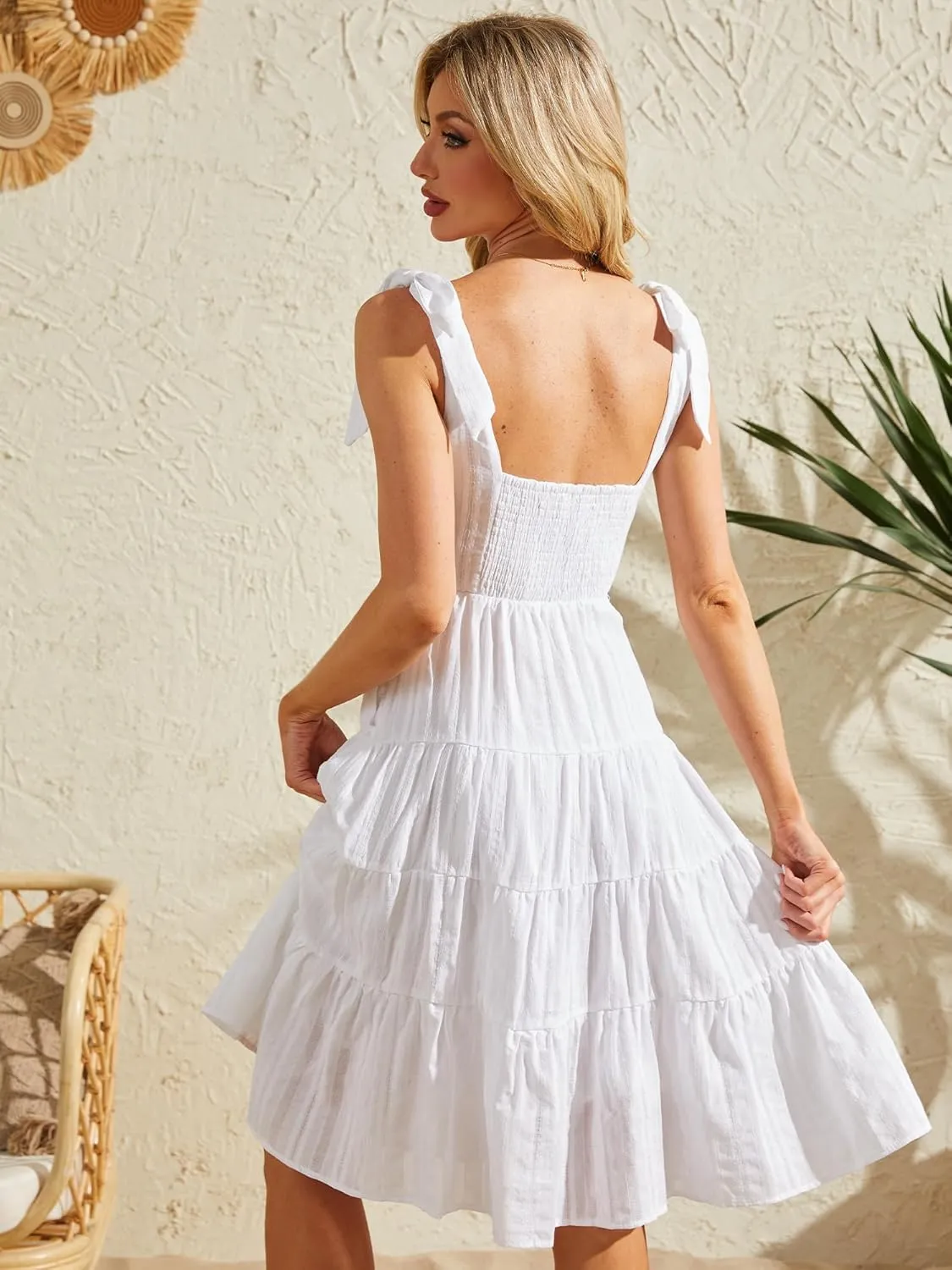 Beautiful Nomad Women's Summer Dress Boho Spaghetti Tie Straps Square Neck Flowy Ruffle Sundress Dresses with Pockets