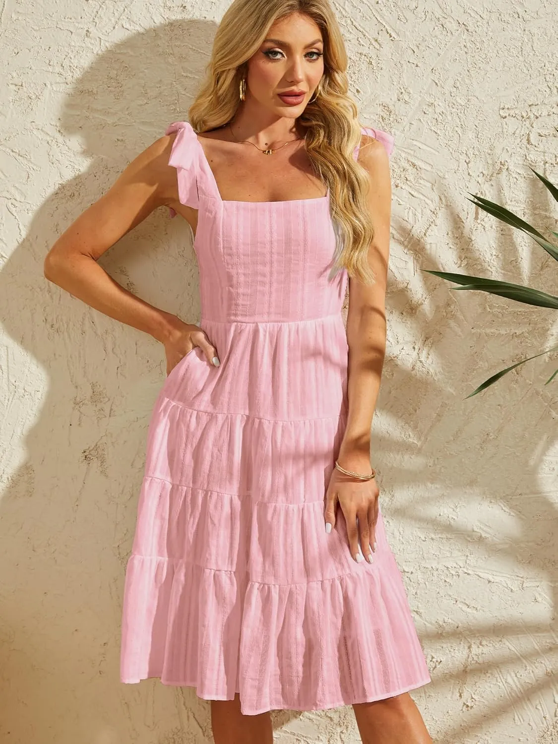 Beautiful Nomad Women's Summer Dress Boho Spaghetti Tie Straps Square Neck Flowy Ruffle Sundress Dresses with Pockets