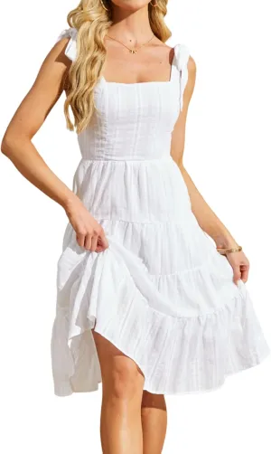 Beautiful Nomad Women's Summer Dress Boho Spaghetti Tie Straps Square Neck Flowy Ruffle Sundress Dresses with Pockets