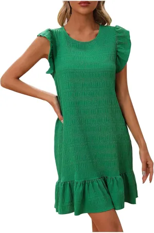 Binmer Women's Summer Dresses Sleeveless Ruffle Sleeve Round Neck Texture Tunic Dress Solid Loose Short Ruffle Hem Mini Dress