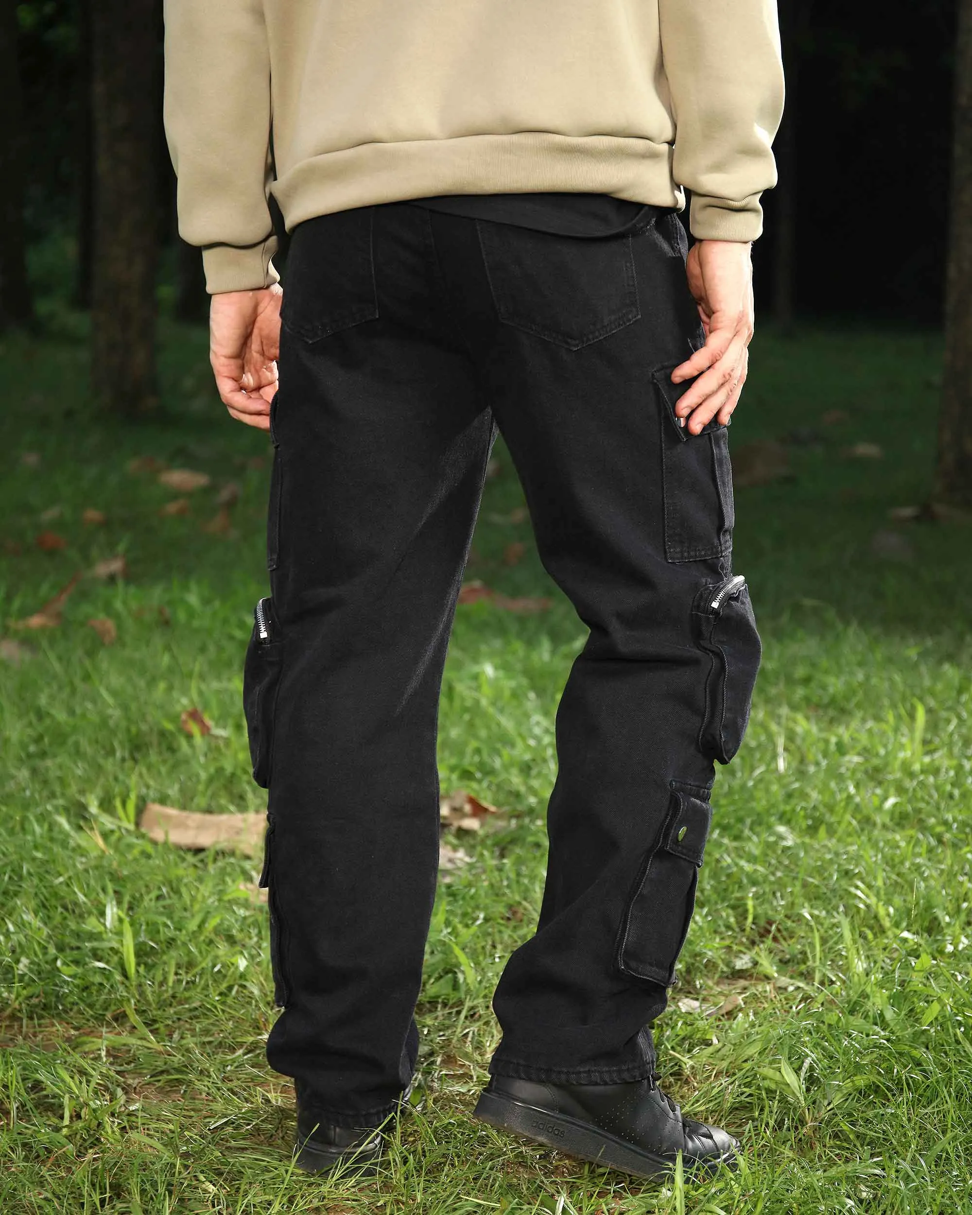 Black Baggy Jeans with Zip and Cargo Pockets-Mexico Local Delivery
