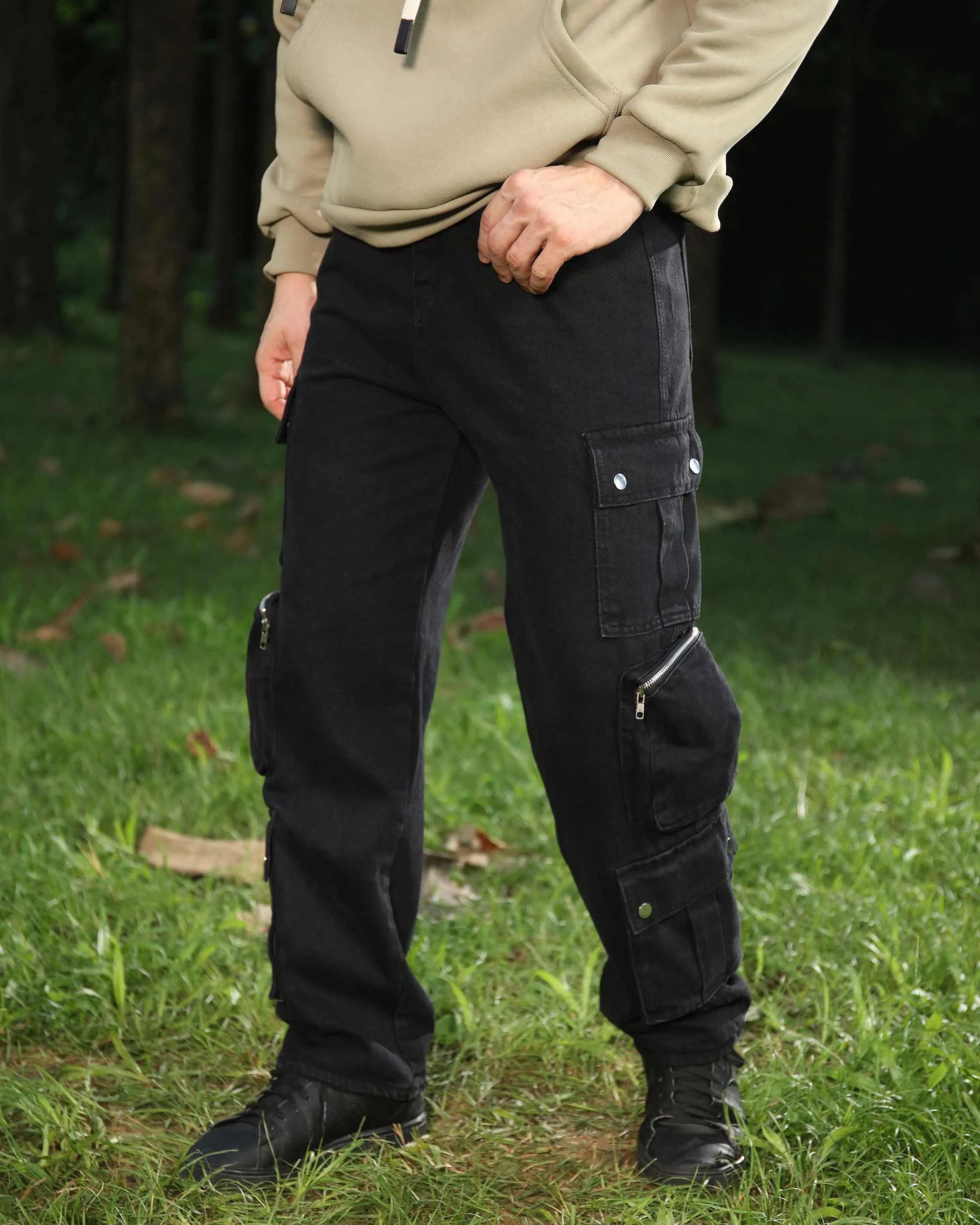Black Baggy Jeans with Zip and Cargo Pockets-Mexico Local Delivery