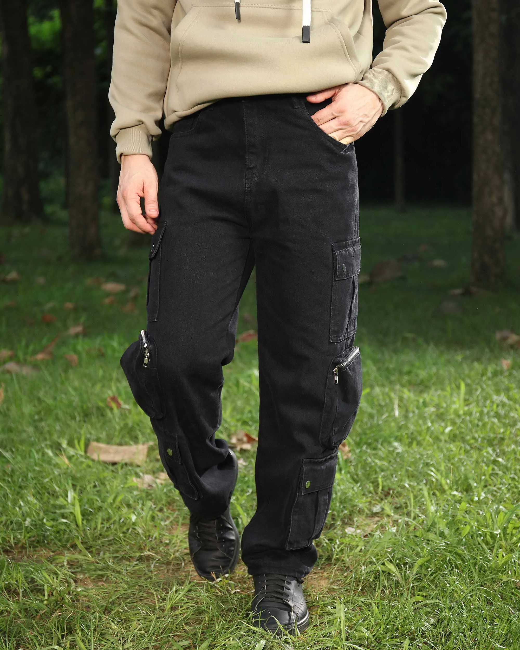Black Baggy Jeans with Zip and Cargo Pockets-Mexico Local Delivery