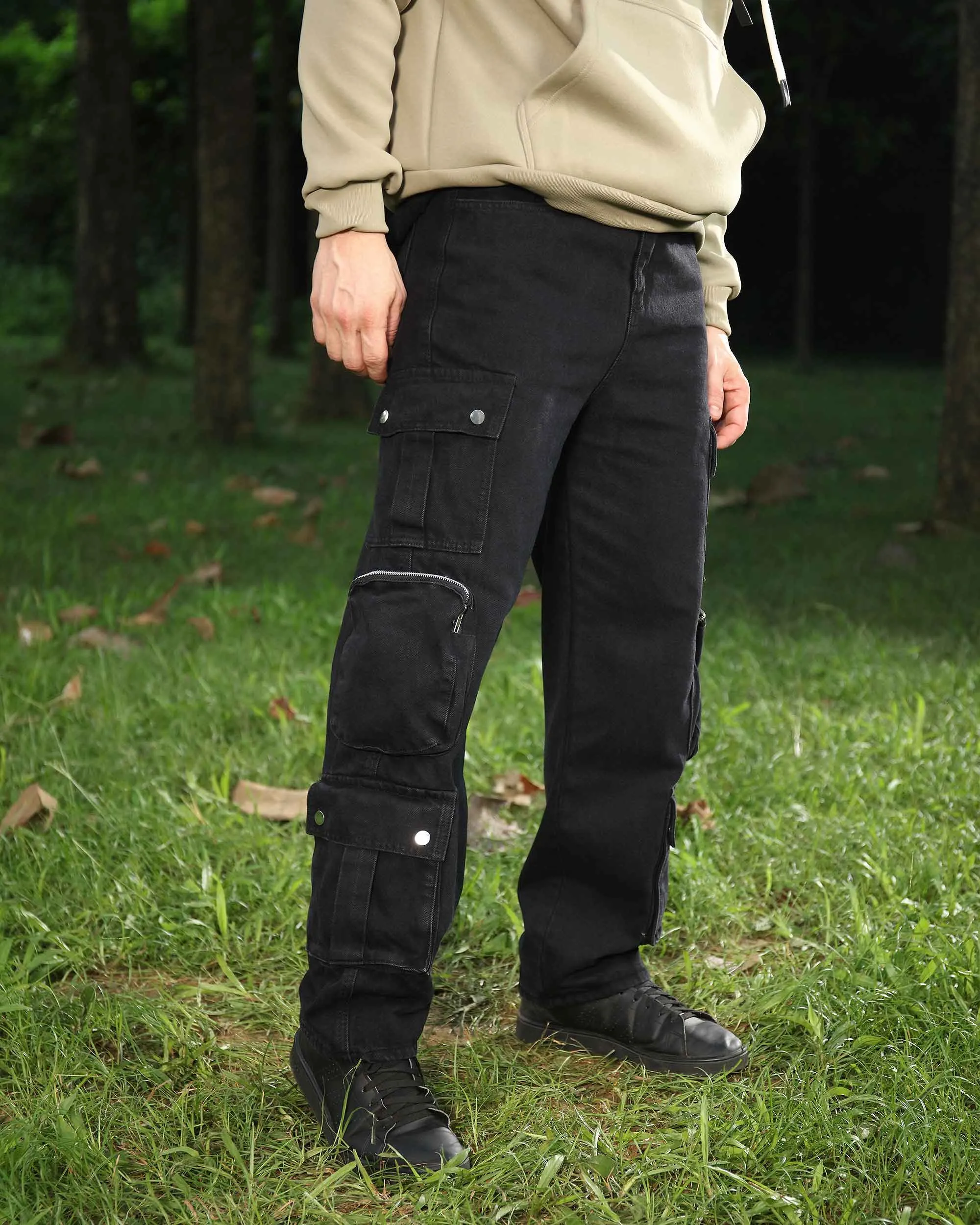 Black Baggy Jeans with Zip and Cargo Pockets-Mexico Local Delivery