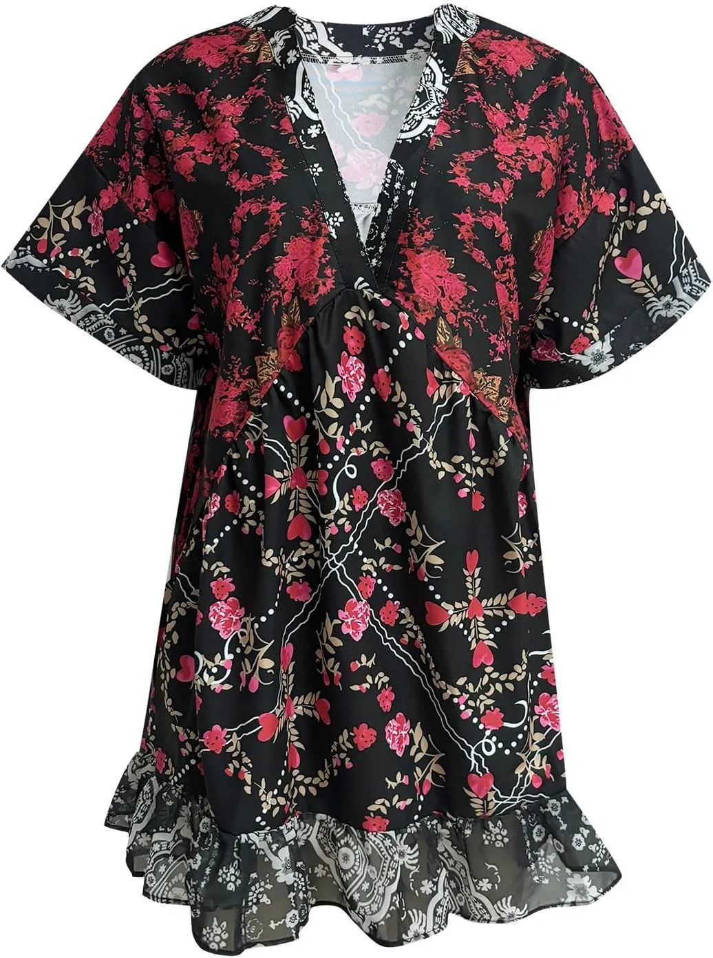 Boho Summer Dresses for Women Short Y2k Babydoll Dress Ruffle Mini Dress Deep V-Neck Casual Floral Tropical Sundress