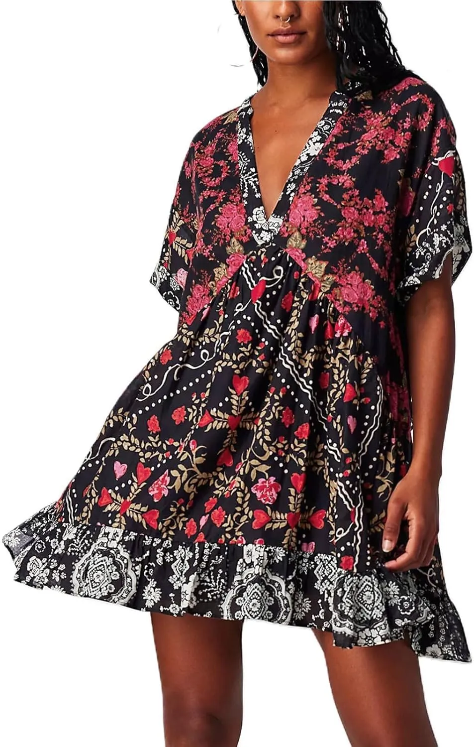 Boho Summer Dresses for Women Short Y2k Babydoll Dress Ruffle Mini Dress Deep V-Neck Casual Floral Tropical Sundress
