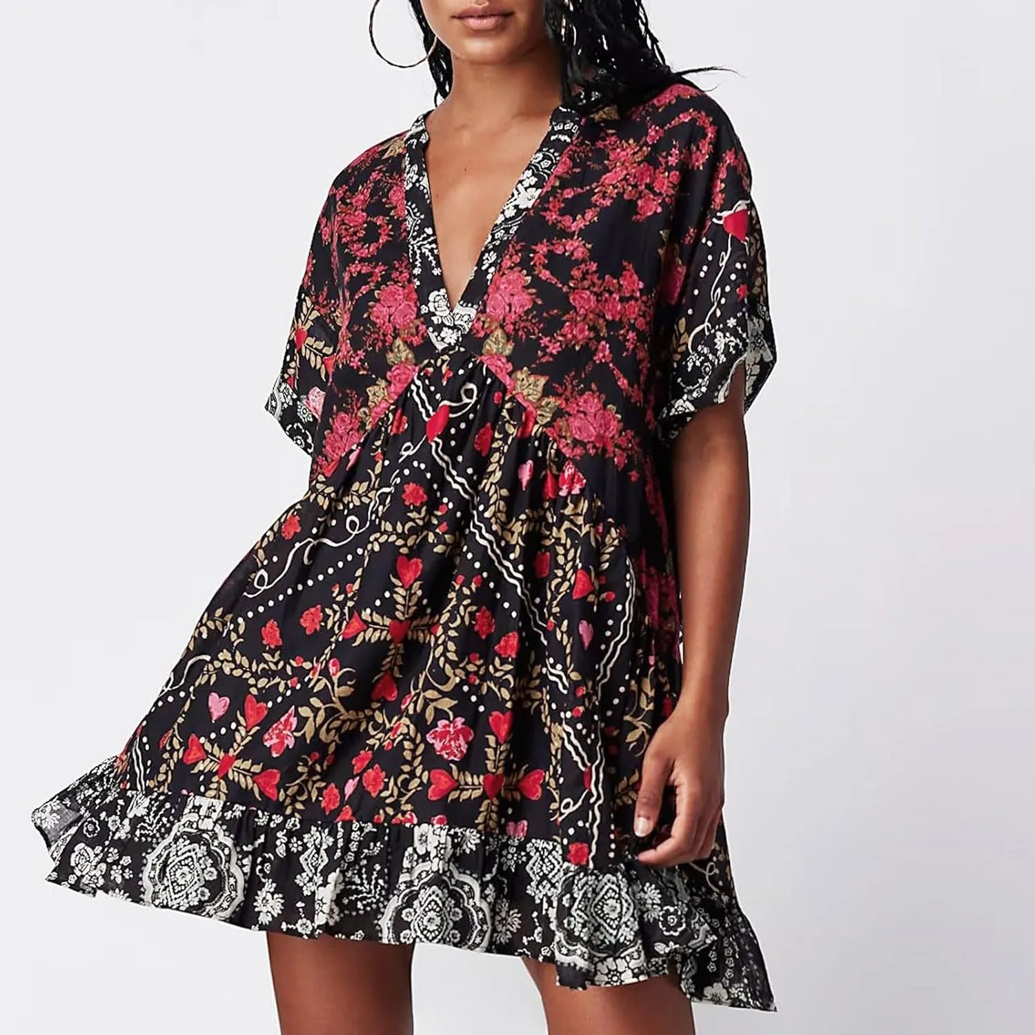 Boho Summer Dresses for Women Short Y2k Babydoll Dress Ruffle Mini Dress Deep V-Neck Casual Floral Tropical Sundress
