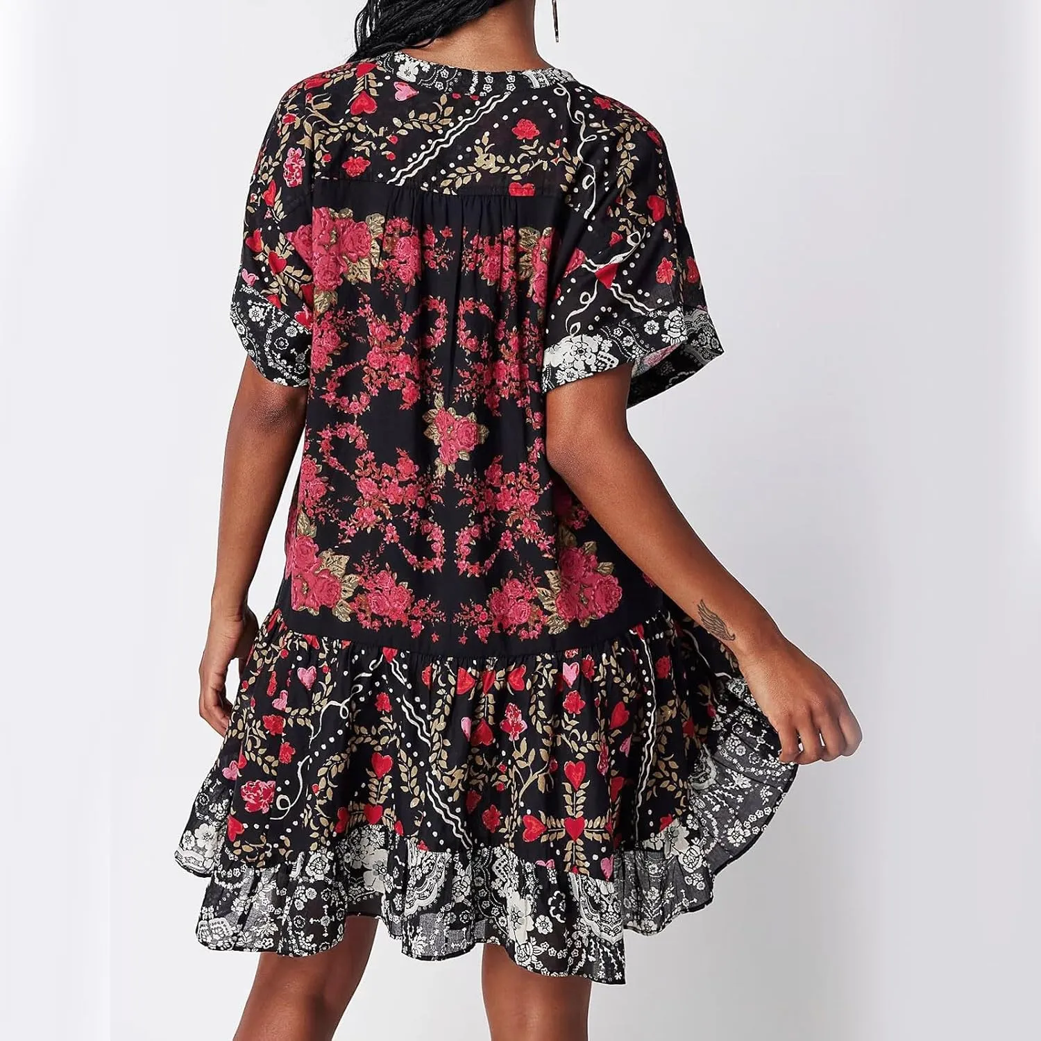 Boho Summer Dresses for Women Short Y2k Babydoll Dress Ruffle Mini Dress Deep V-Neck Casual Floral Tropical Sundress