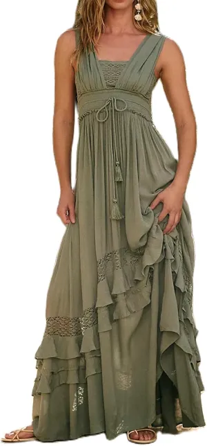 Boho Tie Shoulder Long Dress for Women Sleeveless Ruffle Tiered Maxi Dresses Backless Summer Smocked Beach Sundress
