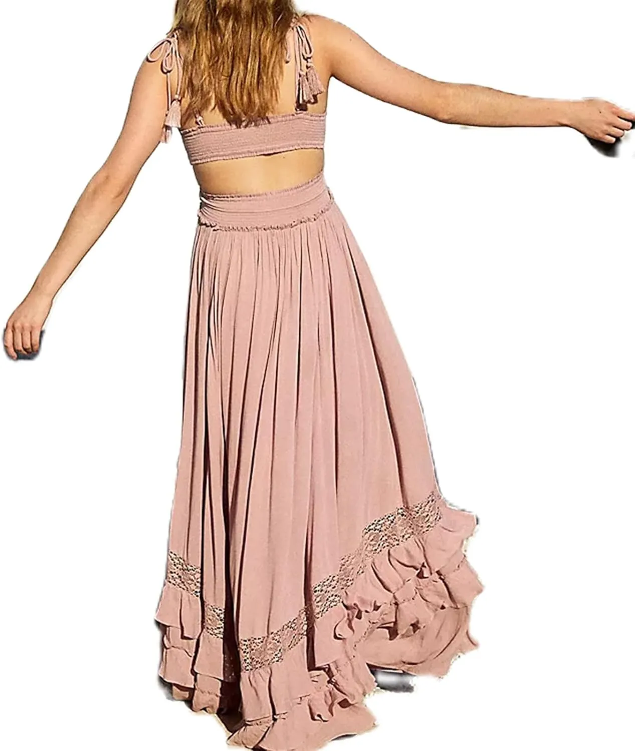 Boho Tie Shoulder Long Dress for Women Sleeveless Ruffle Tiered Maxi Dresses Backless Summer Smocked Beach Sundress