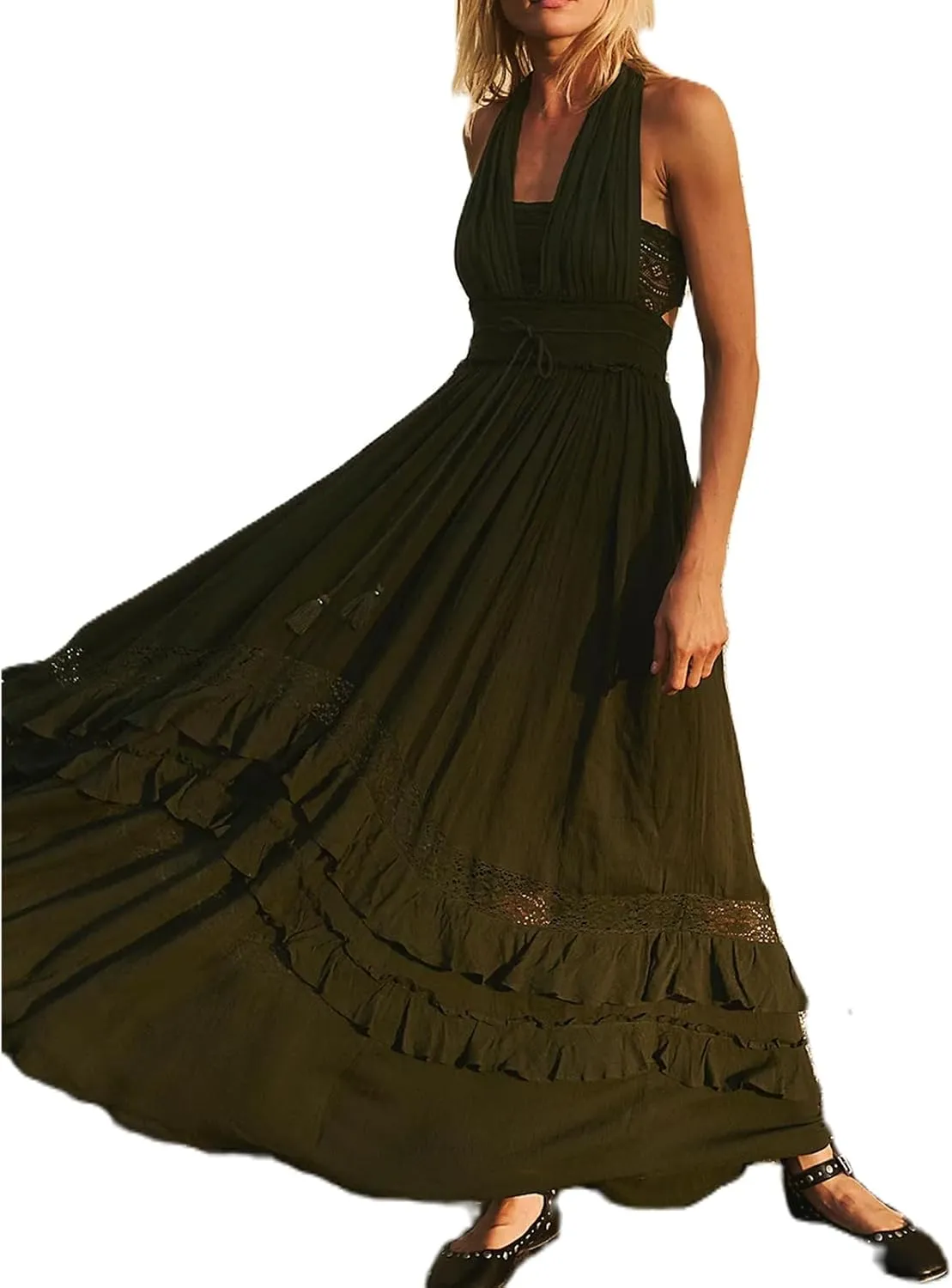 Boho Tie Shoulder Long Dress for Women Sleeveless Ruffle Tiered Maxi Dresses Backless Summer Smocked Beach Sundress