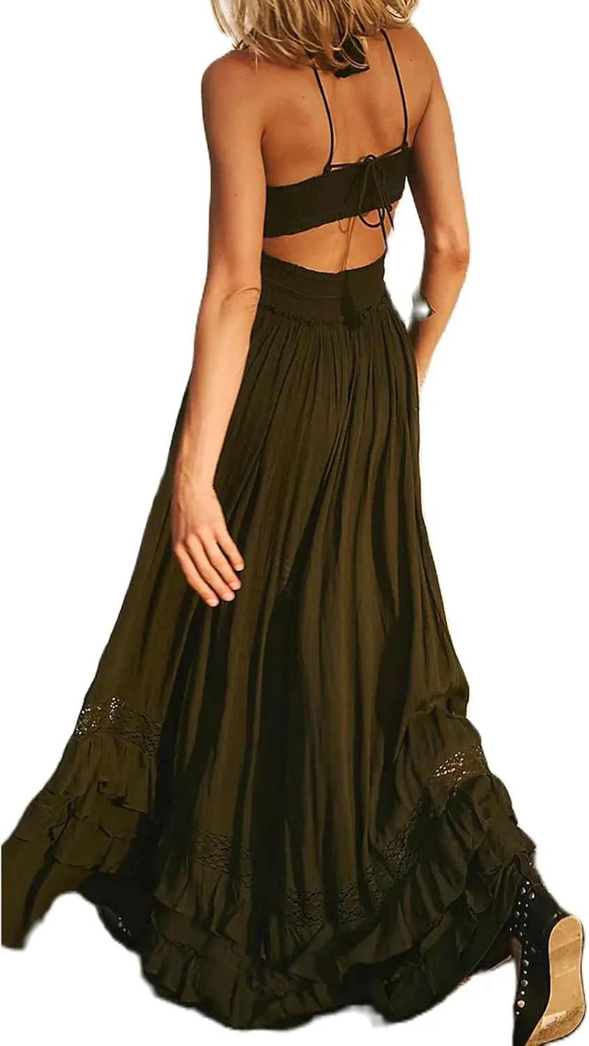 Boho Tie Shoulder Long Dress for Women Sleeveless Ruffle Tiered Maxi Dresses Backless Summer Smocked Beach Sundress
