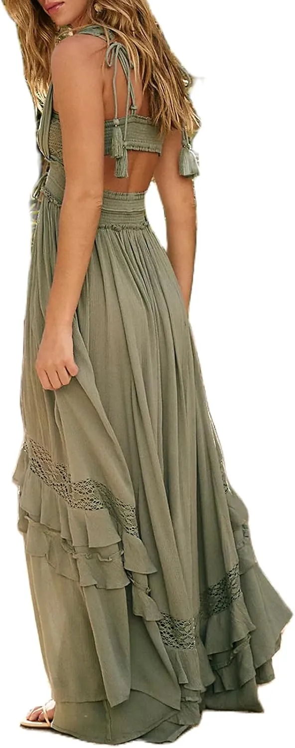 Boho Tie Shoulder Long Dress for Women Sleeveless Ruffle Tiered Maxi Dresses Backless Summer Smocked Beach Sundress