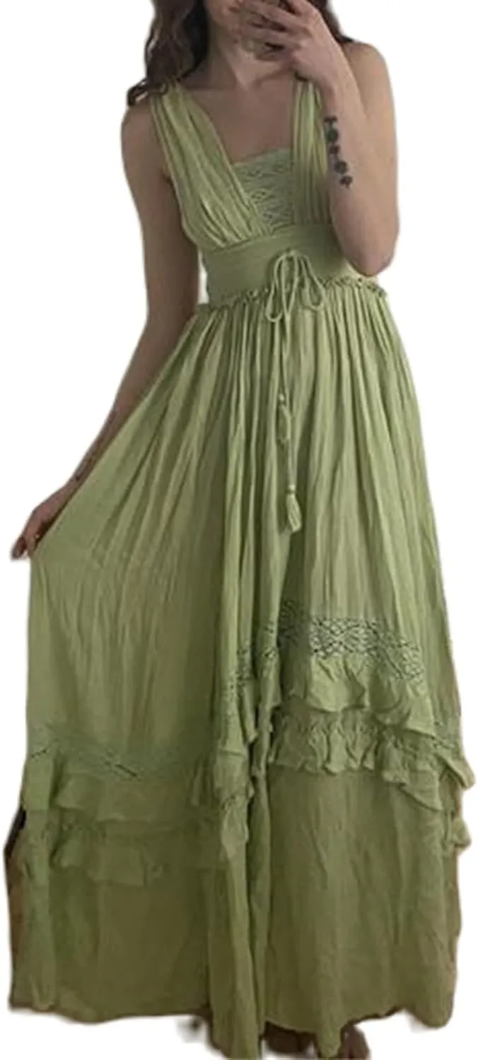 Boho Tie Shoulder Long Dress for Women Sleeveless Ruffle Tiered Maxi Dresses Backless Summer Smocked Beach Sundress