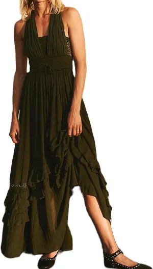Boho Tie Shoulder Long Dress for Women Sleeveless Ruffle Tiered Maxi Dresses Backless Summer Smocked Beach Sundress