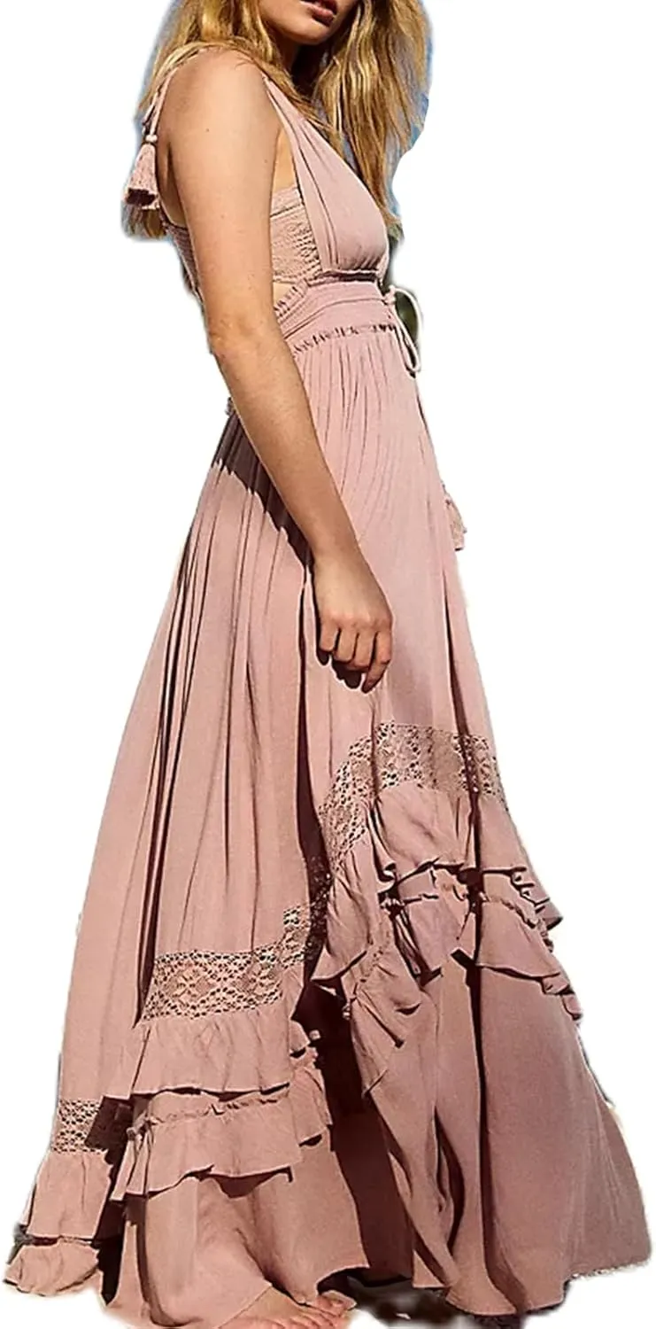 Boho Tie Shoulder Long Dress for Women Sleeveless Ruffle Tiered Maxi Dresses Backless Summer Smocked Beach Sundress