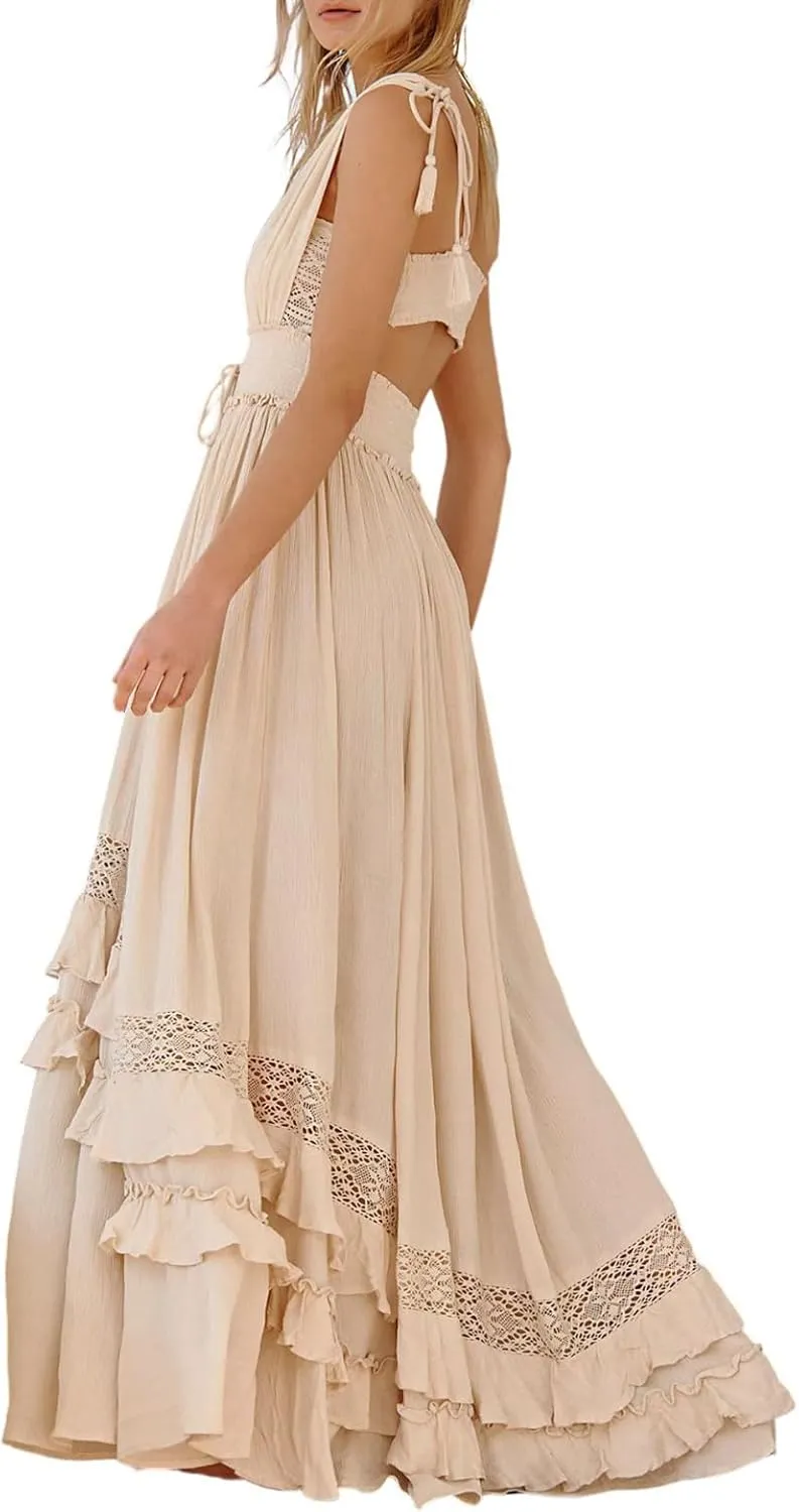 Boho Tie Shoulder Long Dress for Women Sleeveless Ruffle Tiered Maxi Dresses Backless Summer Smocked Beach Sundress