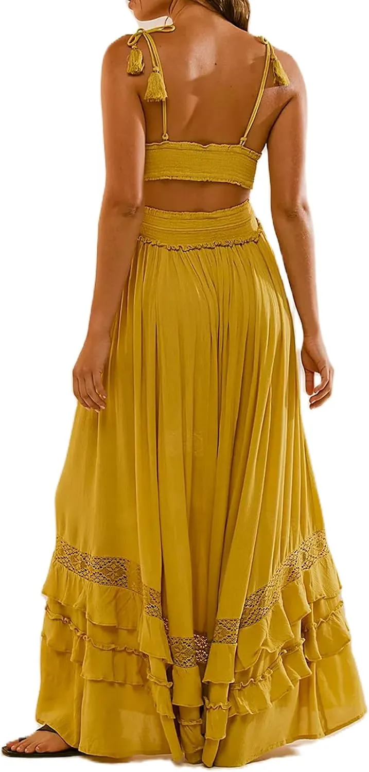 Boho Tie Shoulder Long Dress for Women Sleeveless Ruffle Tiered Maxi Dresses Backless Summer Smocked Beach Sundress