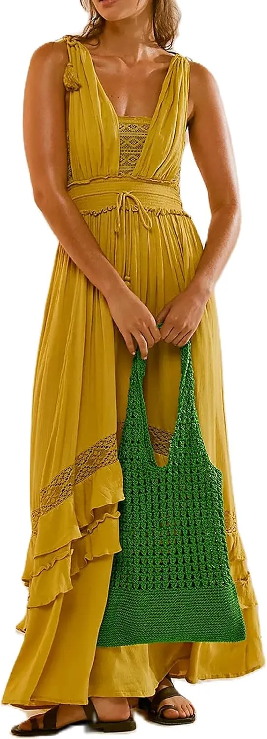 Boho Tie Shoulder Long Dress for Women Sleeveless Ruffle Tiered Maxi Dresses Backless Summer Smocked Beach Sundress
