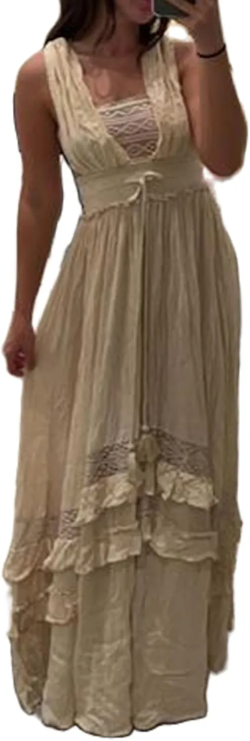 Boho Tie Shoulder Long Dress for Women Sleeveless Ruffle Tiered Maxi Dresses Backless Summer Smocked Beach Sundress