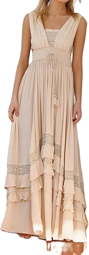Boho Tie Shoulder Long Dress for Women Sleeveless Ruffle Tiered Maxi Dresses Backless Summer Smocked Beach Sundress