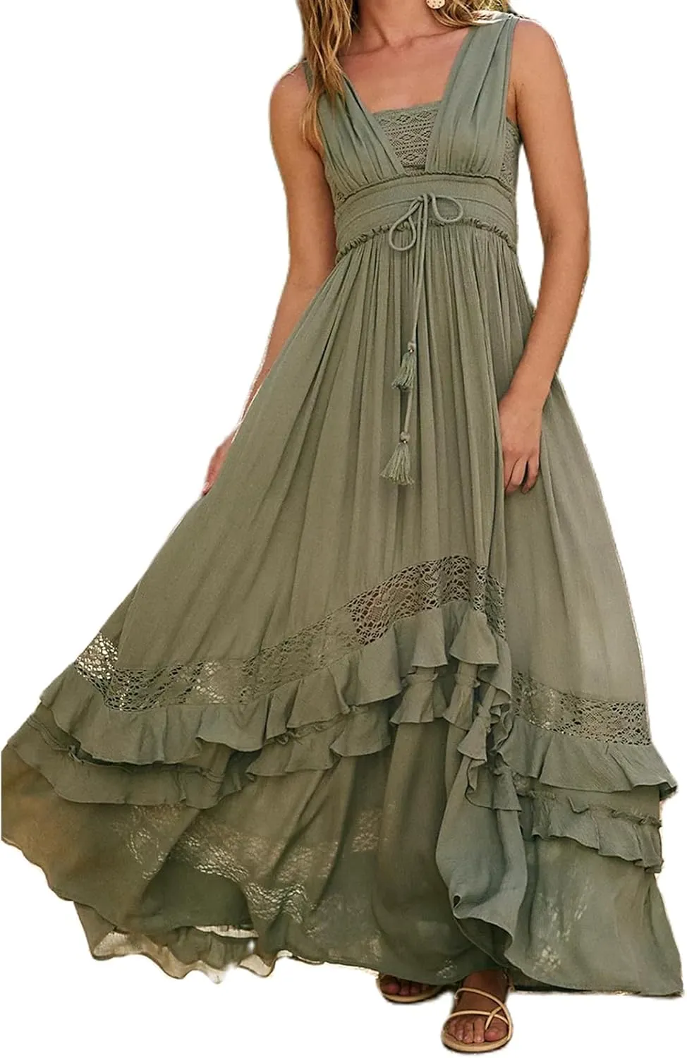 Boho Tie Shoulder Long Dress for Women Sleeveless Ruffle Tiered Maxi Dresses Backless Summer Smocked Beach Sundress