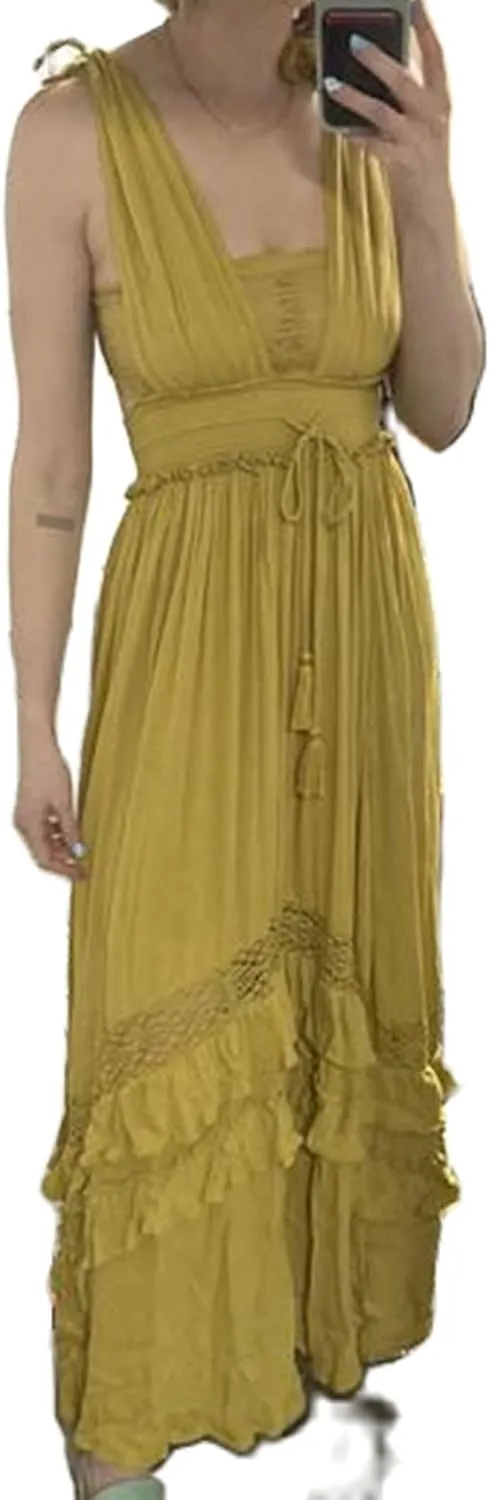 Boho Tie Shoulder Long Dress for Women Sleeveless Ruffle Tiered Maxi Dresses Backless Summer Smocked Beach Sundress