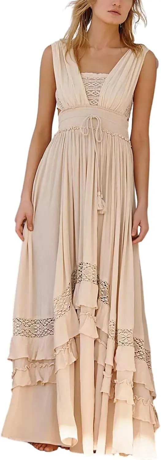 Boho Tie Shoulder Long Dress for Women Sleeveless Ruffle Tiered Maxi Dresses Backless Summer Smocked Beach Sundress